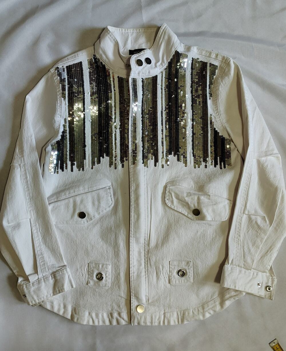 Mod-X White Denim Jacket with Sequins Snap/Zipper Size S